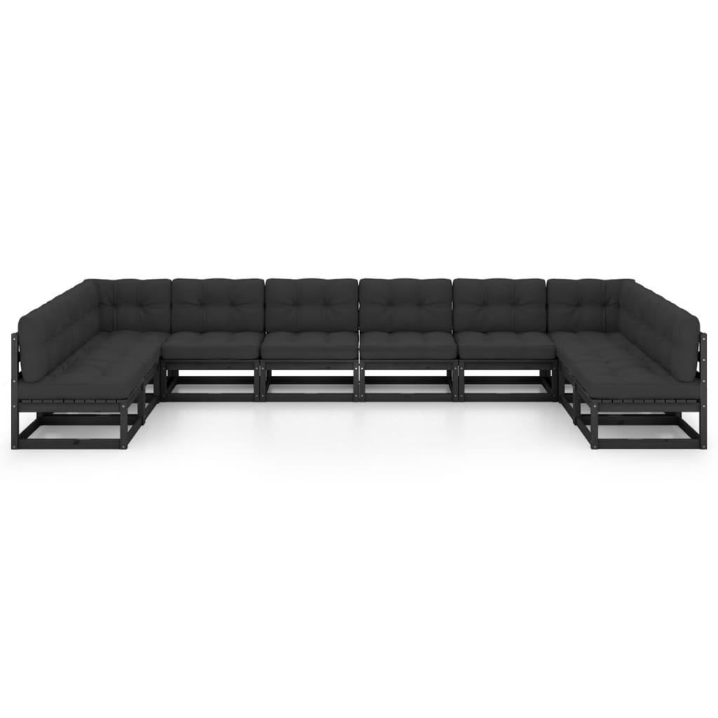 10-tlg. Garten-Lounge-Set mit Kissen Schwarz Kiefer Massivholz
